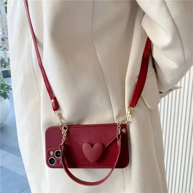 Love Simple Card Bag Crossbody Hanging Rope Suitable for IPhone 16 14 11 12 13 15 Pro Max XS X XR 8 7 Plus Shock-absorbing All Inclusive Soft Shell Crossbody Phone Lanyard Cell Phone Accessories