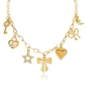 Bow Charm Necklace in Gold Alloy with Heart Star and Key Charms for Women