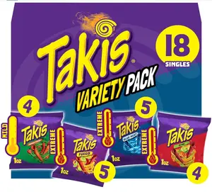 Takis 18 pc / 1 oz Variety Pack, Assorted Flavored Mixed Rolled Tortilla Chips – (5) Fuego, (5) Blue Heat, (4) Nitro, (4) Crunchy Fajitas