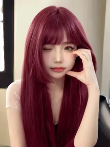 Ashely Cosplay Burgundy Long Straight Wig with Bangs 24 Inch Red Synthetic Wigs for Women Fashion Daily Party Wigs Lolita Wig