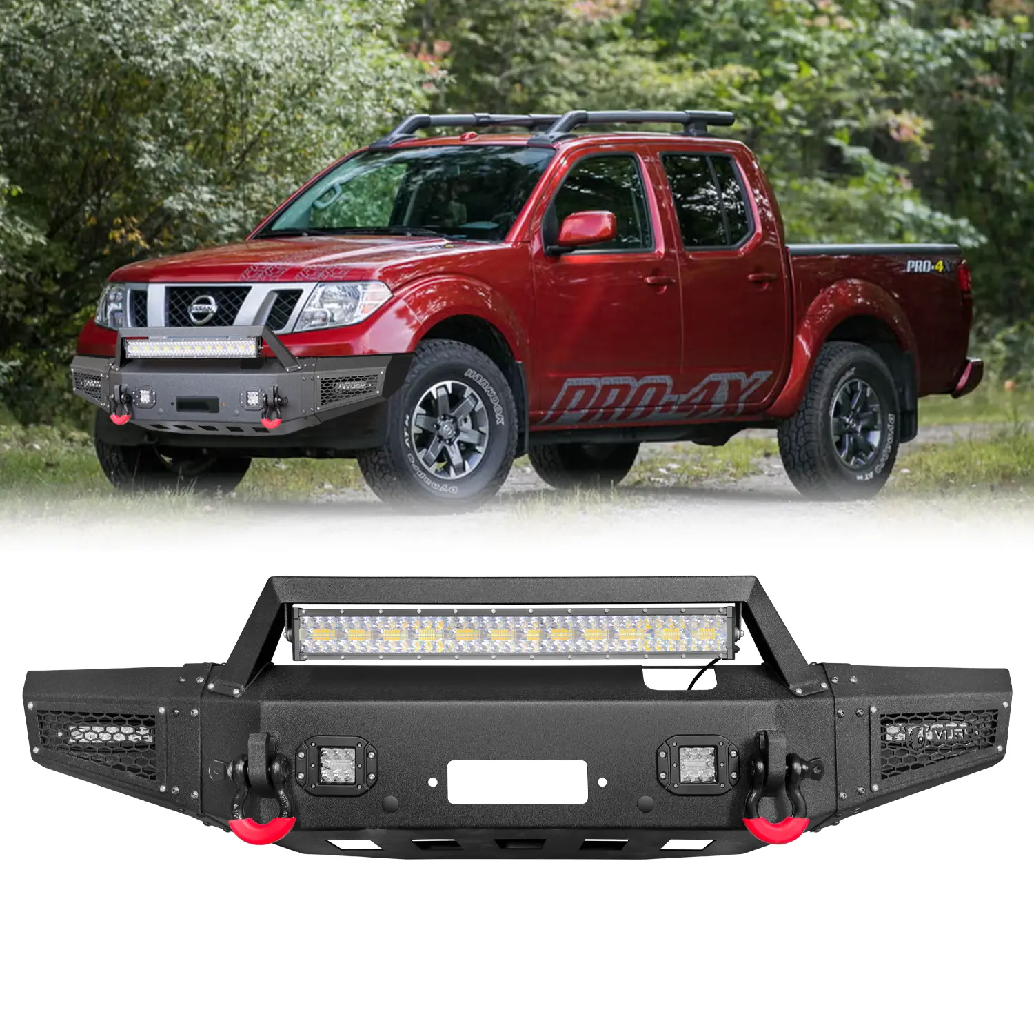 Vijay Black Textured Metal Front Bumper for 2005-2022 Nissan Frontier - Perfect Fit, Winch Plate, LED Lights, 2 D-Rings, Improves Visibility, Boosts Towing, Off-Road Car Body Repair Auto Part   Simple screw installation