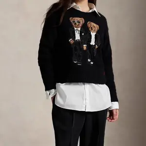 Retro Cartoon Double Bear Round Neck Preppy Style Knit Sweater