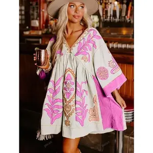 Floral Babydoll Dress - Boho Batwing Sleeve & Deep V-Neck, Sexy Festival or Beach Outfit, Pink Polyester Summer Dress Womenswear Casual Fabric