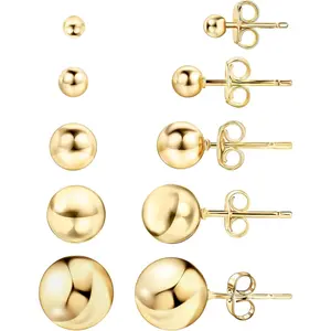 18K Gold Plated Ball Stud Earrings Set, Sizes 3-10MM, 5 Pack, High Polish Finish Ball Suds