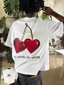 Men's Loose Fit Fashion Print T-Shirt, Valentine's Day Heart Cherry Pattern, Casual Daily Wear, Unisex, Youth College Street Style