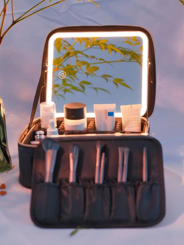Makeup Bag with Removeable Lighted Mirror Travel Makeup Case 3 Color Lights Dimmable 4K Large Mirror Built-in Battery Detachable Dividers