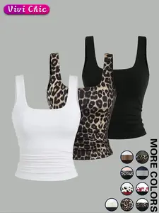 Women's Solid / Leopard Print Square Neck Tank Top, Casual Sleeveless Top for Daily Wear, Ladies Clothes for All Seasons