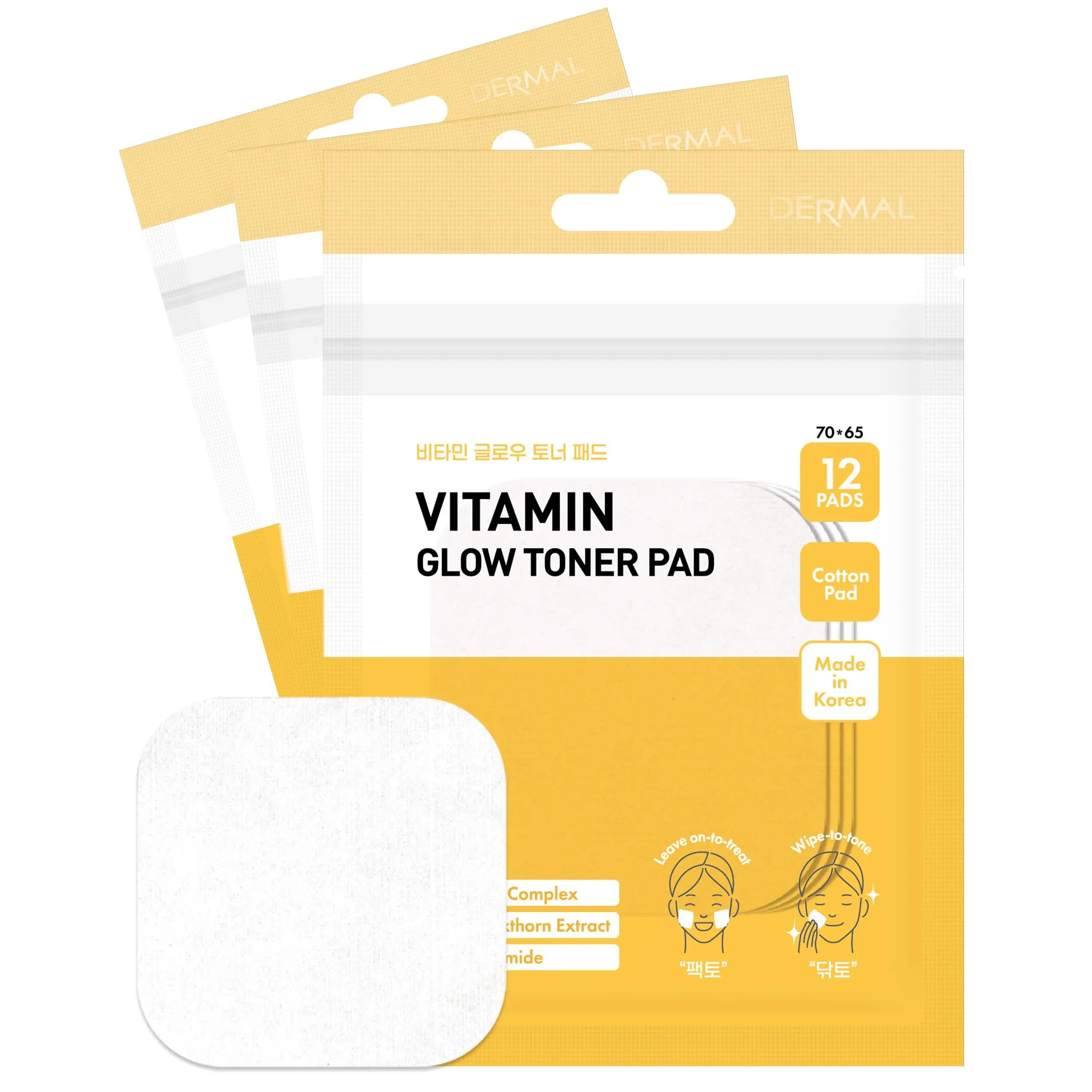 DERMAL Vitamin Toner Pad - Korean Toner Pad for Skin Glow & Vitality Improvement with Vitamin C - Vegan Pure Cotton Square Pads - Travel Kit 12 Pads, 3 Pack (Total 36 Pads)