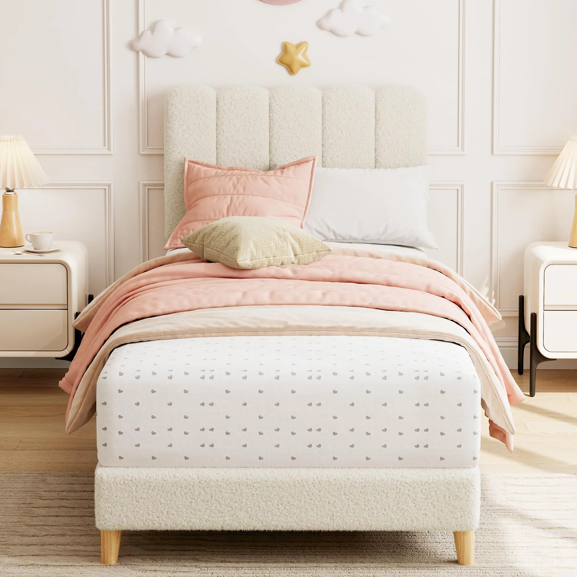 GAOMON Twin XL Single Twin-Person Bed Frame, Chic Boucle Upholstered Platform Bed with Wave Headboard for Girls, Metal & Wooden Slats Support, No Box Spring Needed, Easy Assembly Required, Beige