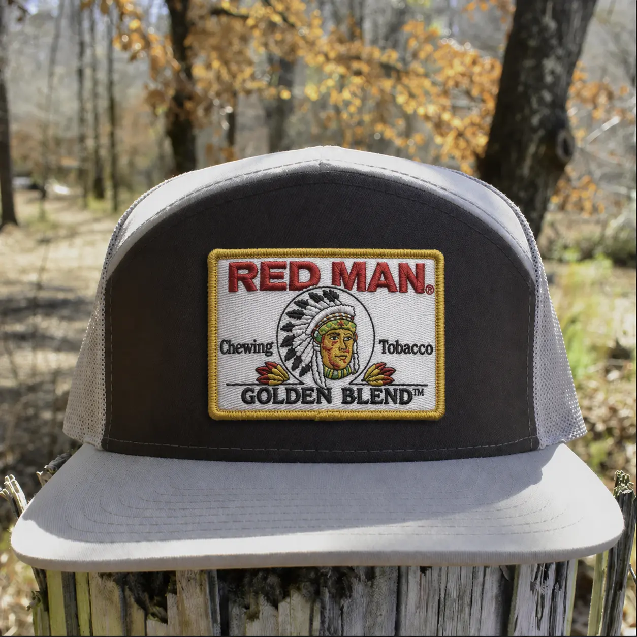Red Man Chewing Toobacco Embroidered Patch Trucker Hat - Summer Drinking Cap Tan Camo Snapback Hat for Hunting and Partying Vintage Golden Blend