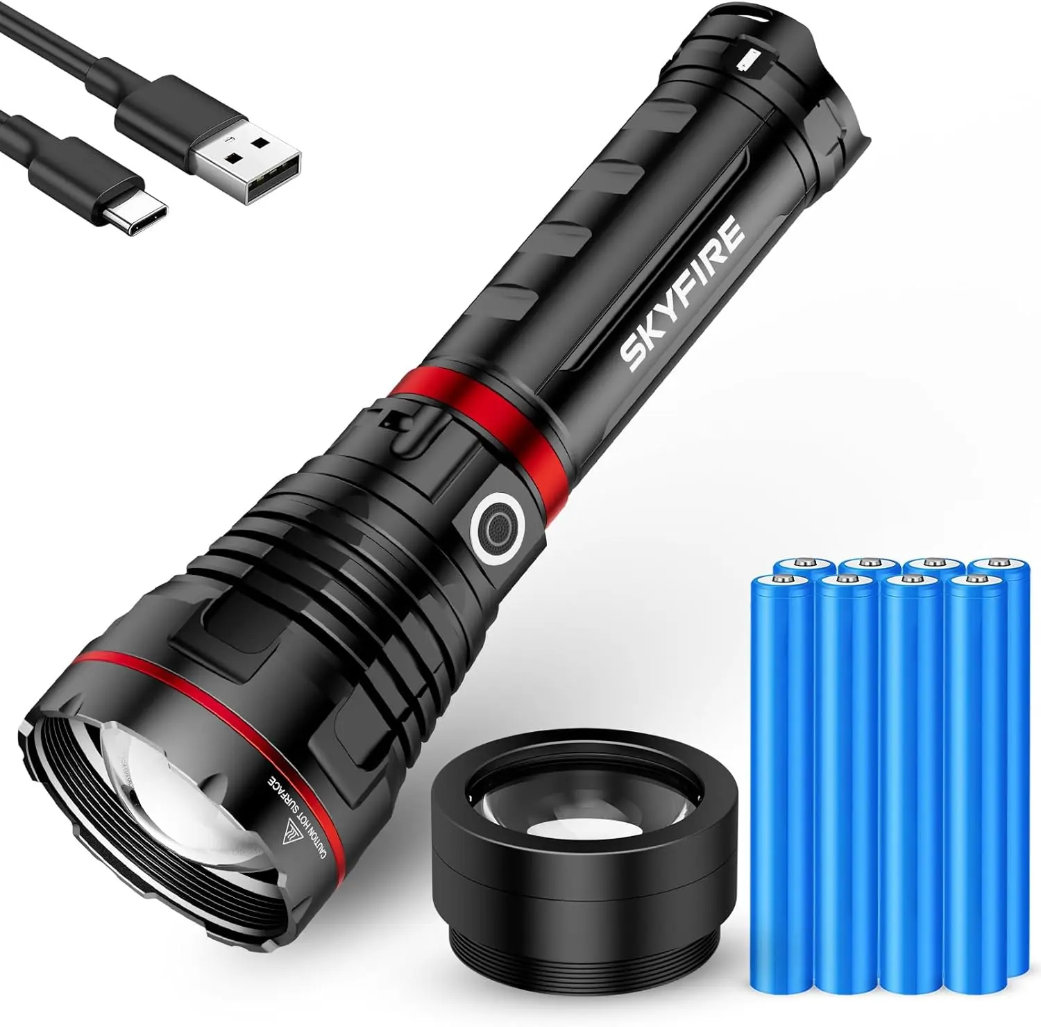 SKYFIRE 1209Pro High Lumen LED Adjustable Tactical Flashlight - Aluminum Alloy Frame, Rechargeable Large-Capacity Removable Battery, Smart Power Display, Waterproof Seal, Firestarter Focus, Multiple Lighting Modes, SOS Alarm - Outdoor Ready for Camping