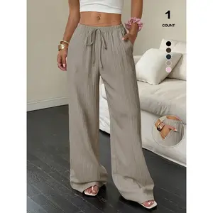 Women’s wide-leg pants, high-waisted drawstring palazzo pants, lightweight textured pants with pockets, casual beach vacation pants GARMENTARY