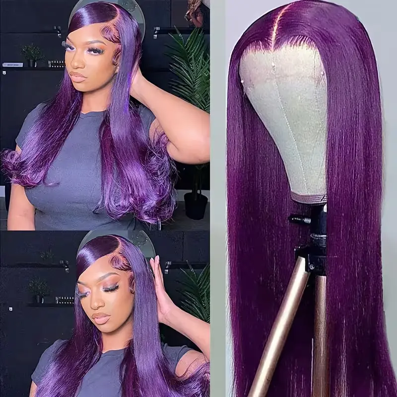 Women Long Straight Purple Synthetic Wig 13x4 Lace Front Wig High Density Pre Plucked Natural Hairline Glueless Heat Resistant Fiber Wigs For Women Halloween Cosplay Party Daily Wear