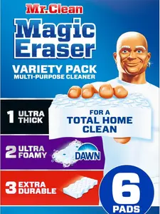 Mr. Clean Magic Eraser Sponge, All Purpose Cleaner, Cleaning Scrubber, Kitchen, Bathroom, Shower, Oven, Cleaning Supplies, Variety Pack with 1 Ultra Thick, 2 Ultra Foamy, & 3 Extra Durable, 6ct