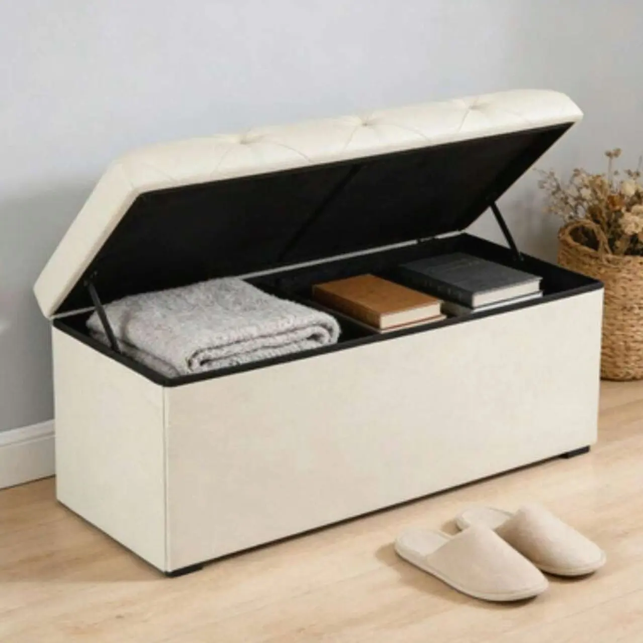 43" Folding Storage Ottoman Bench - Beige Linen Footrest for Bedroom & Living Room | Foldable Seat & Bedside Storage