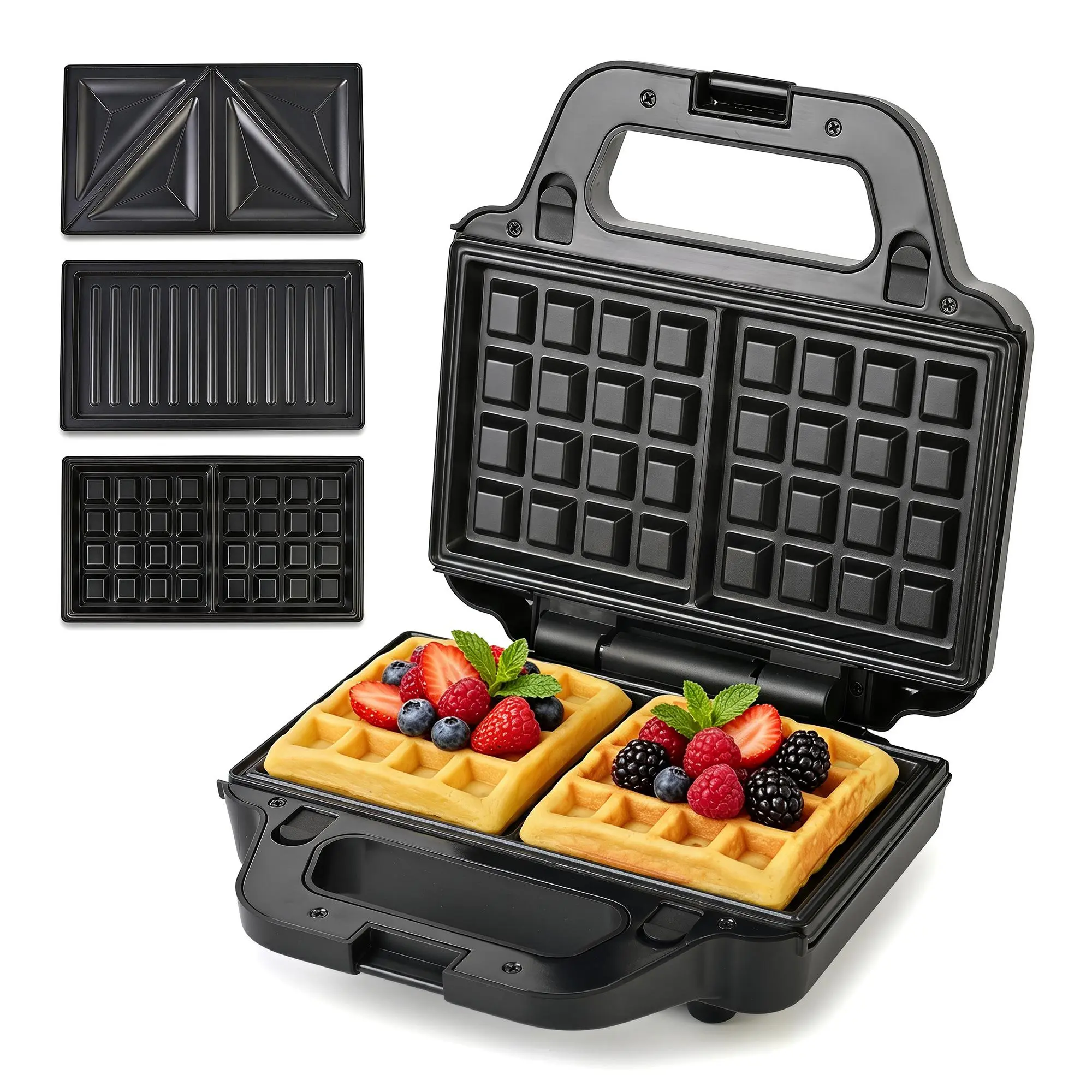SUSTEAS 3-in-1 Electric Waffle Maker - Multi-Use Grill with Removable Nonstick Plates, Sandwich/Panini Press, Compact Portable Breakfast Appliance for Small Kitchens, Standard Plug (3-in-1 Waffle Makers & Irons), Three-In-One Waffle Makers & Irons