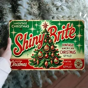 Vintage Christmas Themed Aluminum Sign, shiny brite tree & star pattern wall decor, suitable for home, kitchen, bar, restaurant, office, garden and garage, ornaments.