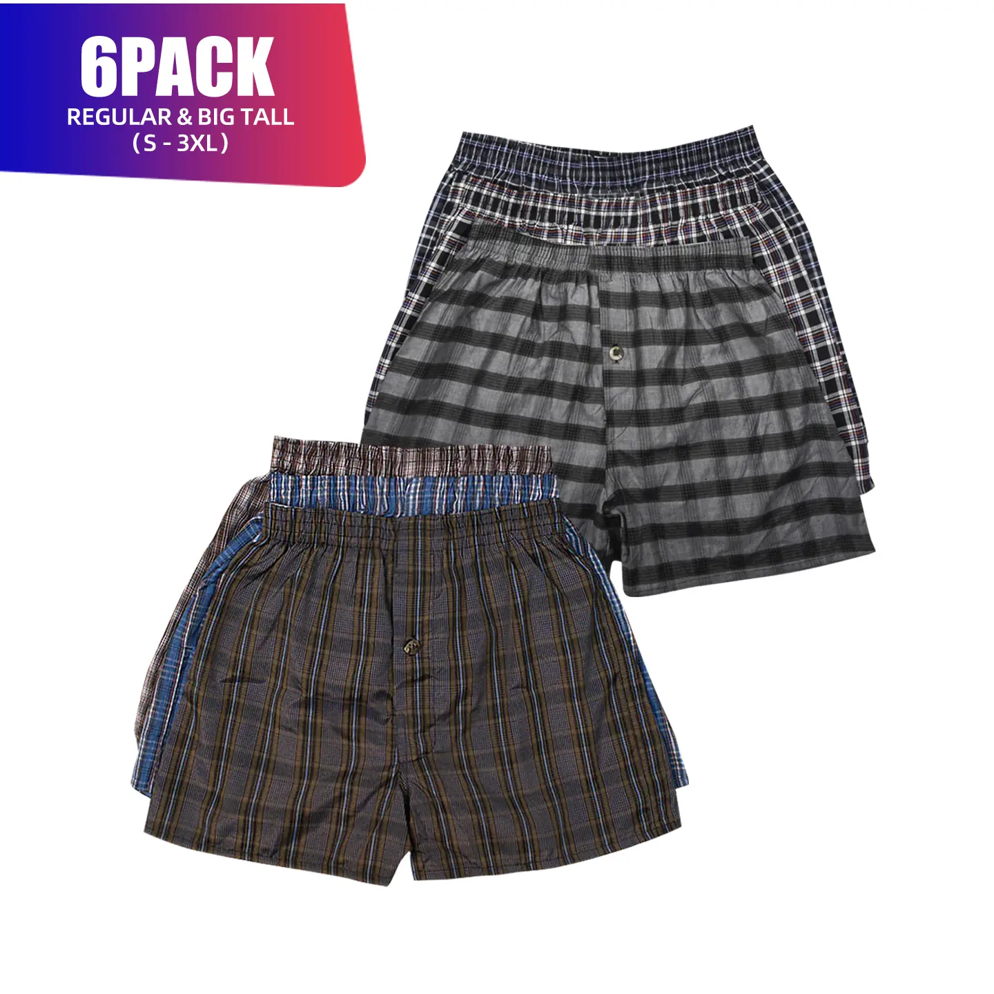 6 Pack Men's Boxer Shorts Random Mixed Color Pack Woven Relaxed Fit Boxers for Men Soft Breathable High quality Underwear with Elastic Waist Menswear