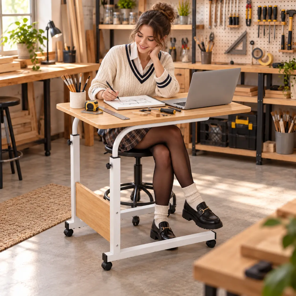 Adjustable Height Desk with Wheels for Home Office and Craft Workspaces
