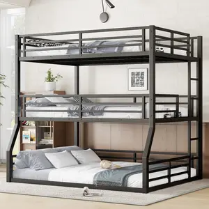 Twin over Twin over Full/Full/Full XL over Full/Full XL over Queen Bunk Bed, Metal Triple Bunk Bed with Safety Guardrails, Heavy-duty Bunk Bed with Noise-reduced Design, Black