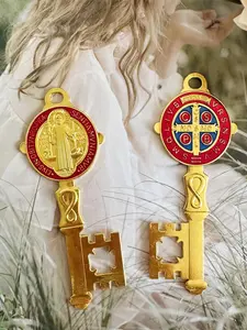 2Pcs/Set Enamel Double Side Saint Benedict 12cmX5cm Key Blessing For Protection - Medalla de san benito Home and Door hanger - Hanging Wall Hanger Catholic Cross Easter Gift - Llave de San Benito Religious Decor
