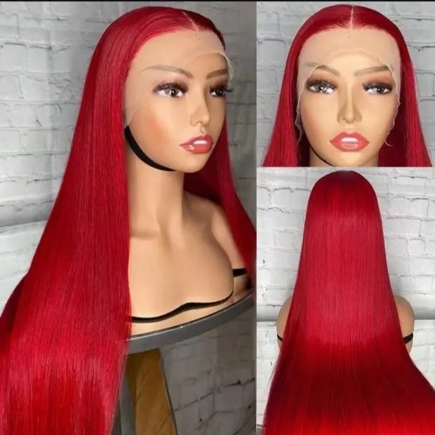 Hot Red Straight Human Hair 200 Density 34 Inches Wig for Enhanced Look