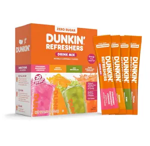 Dunkin’ Zero Sugar Refreshers Singles To Go! Powdered drink mix packets, 30 Ct Variety Pack, 30 Single serve Packets per Box (30 servings), Energy from Green Tea, aspartame-free, no synthetic colors, naturally and artificially flavored, just add water