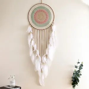 Large Wall Hanging Dream Catcher Decor, Colorful Lace with White Feather for Adult Bedroom Wall Decoration