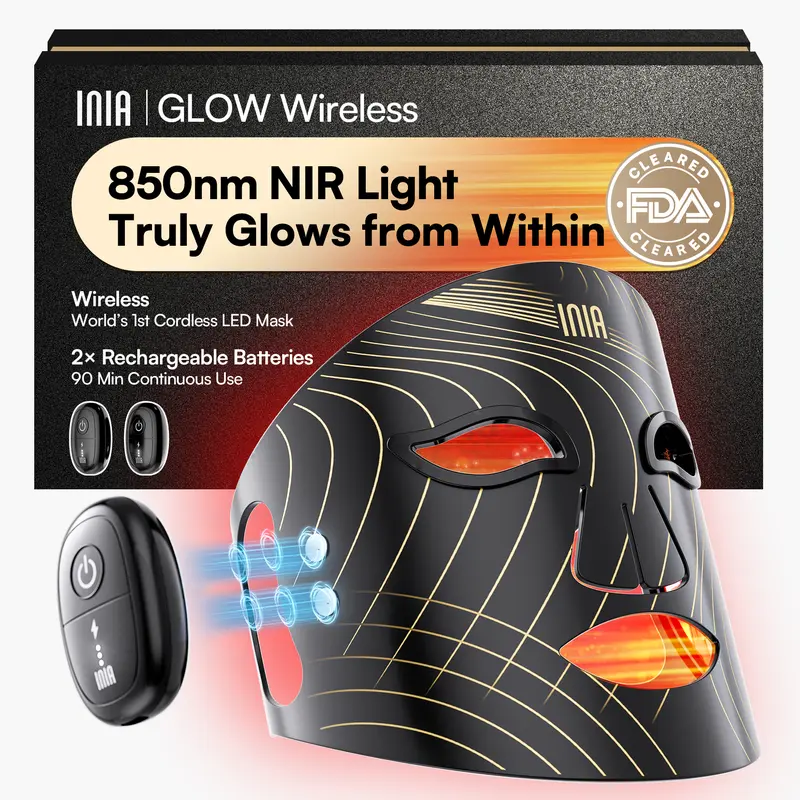 INIA GLOW Wireless LED Face Mask-with Red Light Therapy, 2-Year Warranty, Portable and Rechargeable for LED Facial Mask Skincare at Home and Travel, Mother's Day Special Gift