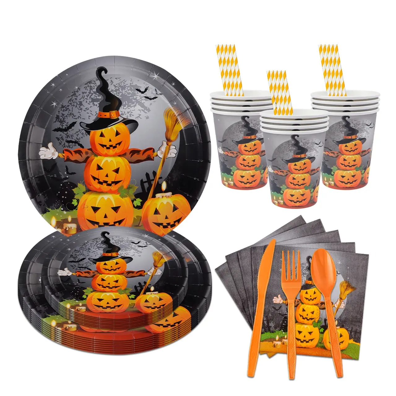 Reusable Halloween Party Tableware Set for 10/20/30 People, Includes Paper Plates, Disposable Plates, Cups, Cutlery, Napkins, Eco-Friendly Pumpkin Theme Festive Dinnerware