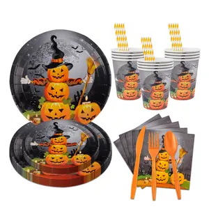 Reusable 8-Piece Halloween Themed Tableware Set, Pumpkin Plates, Forks, Spoons, Straws, Cups, Ideal for 10/20/30 Guests, Perfect for Parties & Birthdays