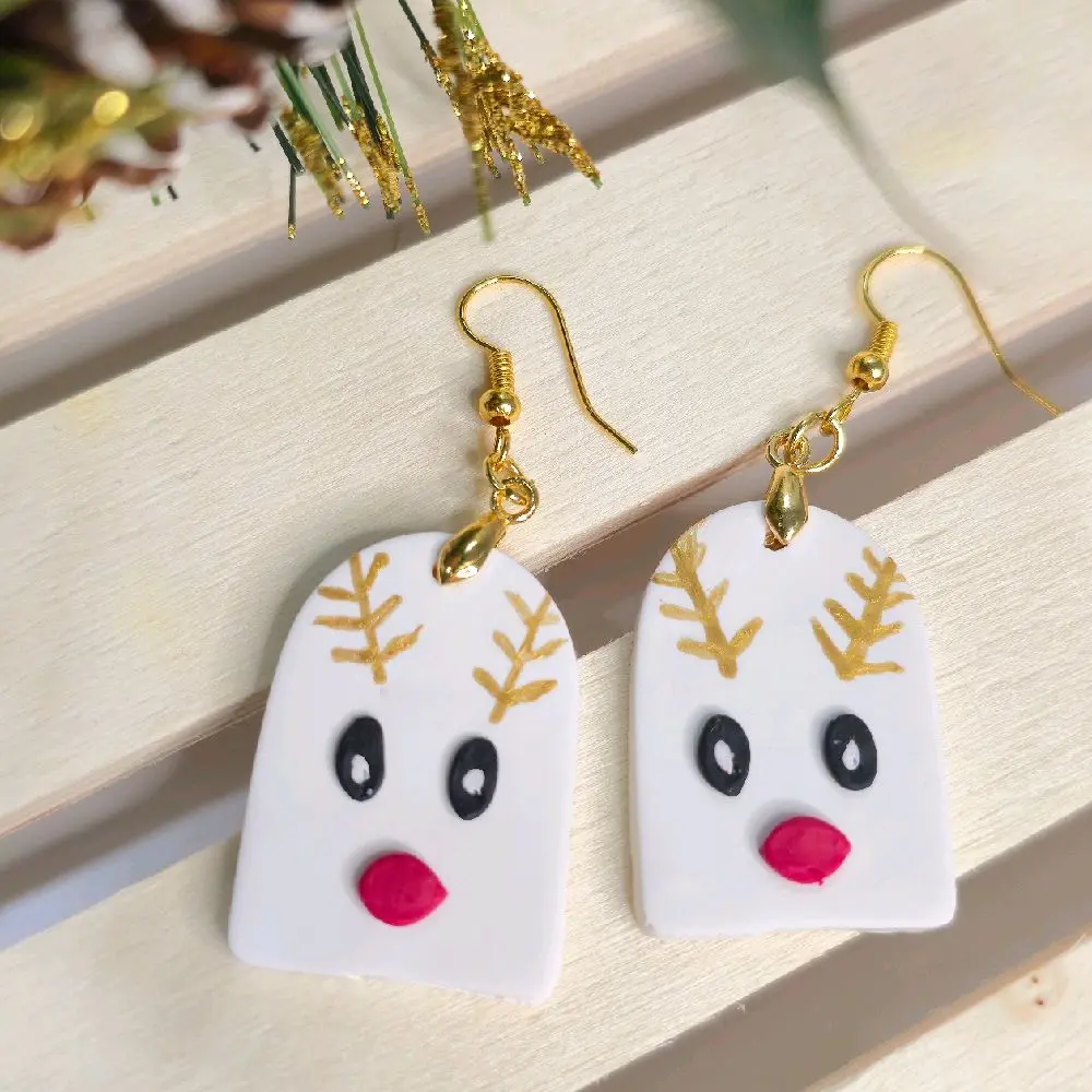 Reindeer Clay Earrings Handmade Christmas Dangle Earrings Cute Holiday Gift for Her with Gold Accents and Festive Design