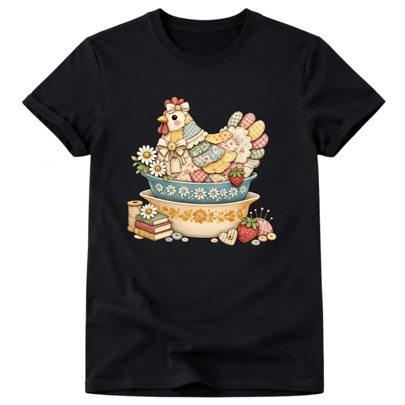 Patchwork Vintage Chicken Pyrex Inspired T-Shirt, Quilted Hen on Nest, Grandma Core Vintage Kitchenware Shirt, Printed Shirt