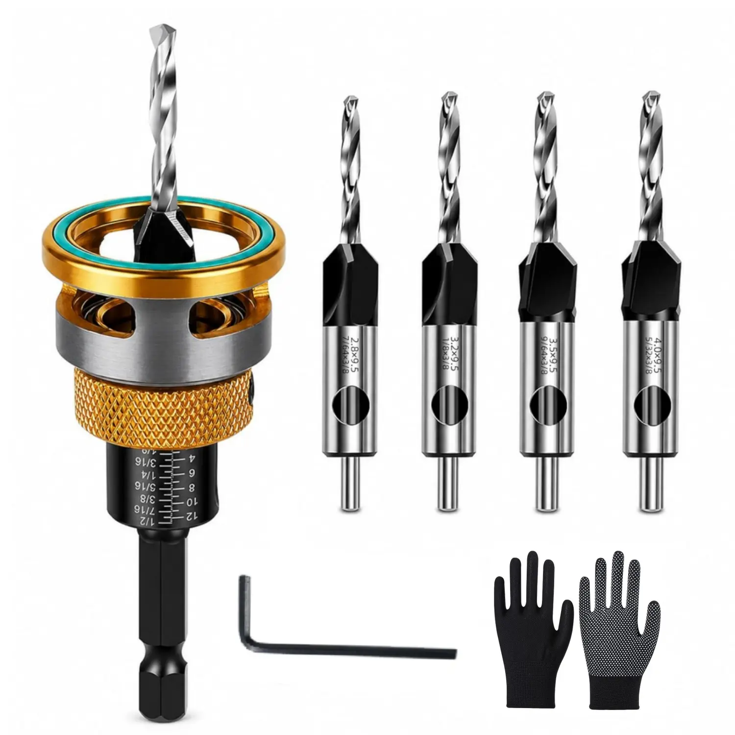 4Pcs Countersink Drill Bit Set with Aluminum Alloy Depth Stop Collar, HSS M2 Bearing Stopper Anti-Scratch, 82° Counterbores 1/4” Hex Shank for Woodworking Tools & Hand Tools - Home Improvement., Glove, 1 L Shape Wrench