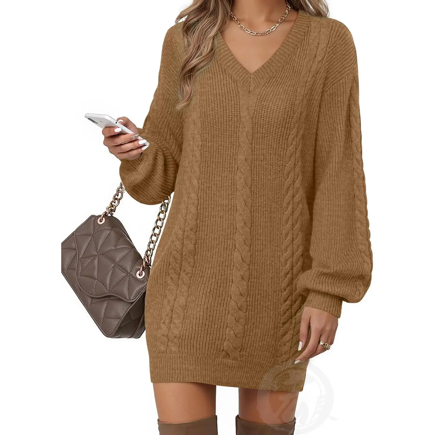 Women's V-Neck Lantern Long-Sleeve Pull-On Jumper, Fall Casual Knit Mini Sweater Dress, Stylish Women's Clothes