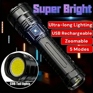 1pc Super Bright Tactical LED Flashlight Rechargeable Built in High Capacity Battery COB Work Light Long Range - Perfect for Camping Hunting Hiking Survival Bushcraft Trips Usb Rechargeable Flashlight