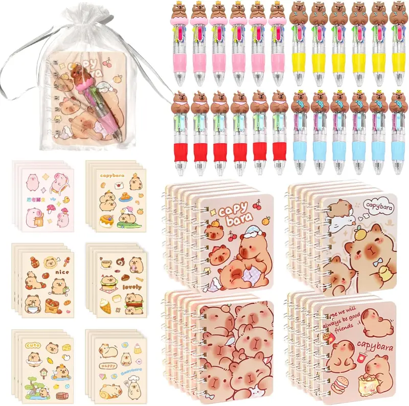 96 count Capybara Gifts Bulk,4-in-1 Ballpoint Pens,Stickers,Notepads,Organza Bulk Gifts Set for Teachers School Office Party Favor Supplies