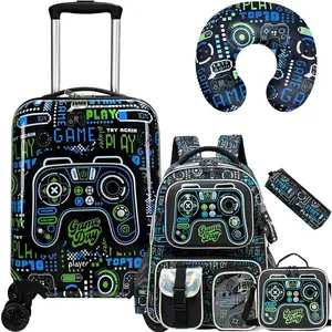 Game Day Gamer Travel Set – 5 Piece Kids Luggage with Backpack, Lunch Bag, Pencil Case & Neck Pillow – Video Game Controller Print suitcase essential uke in boy girl