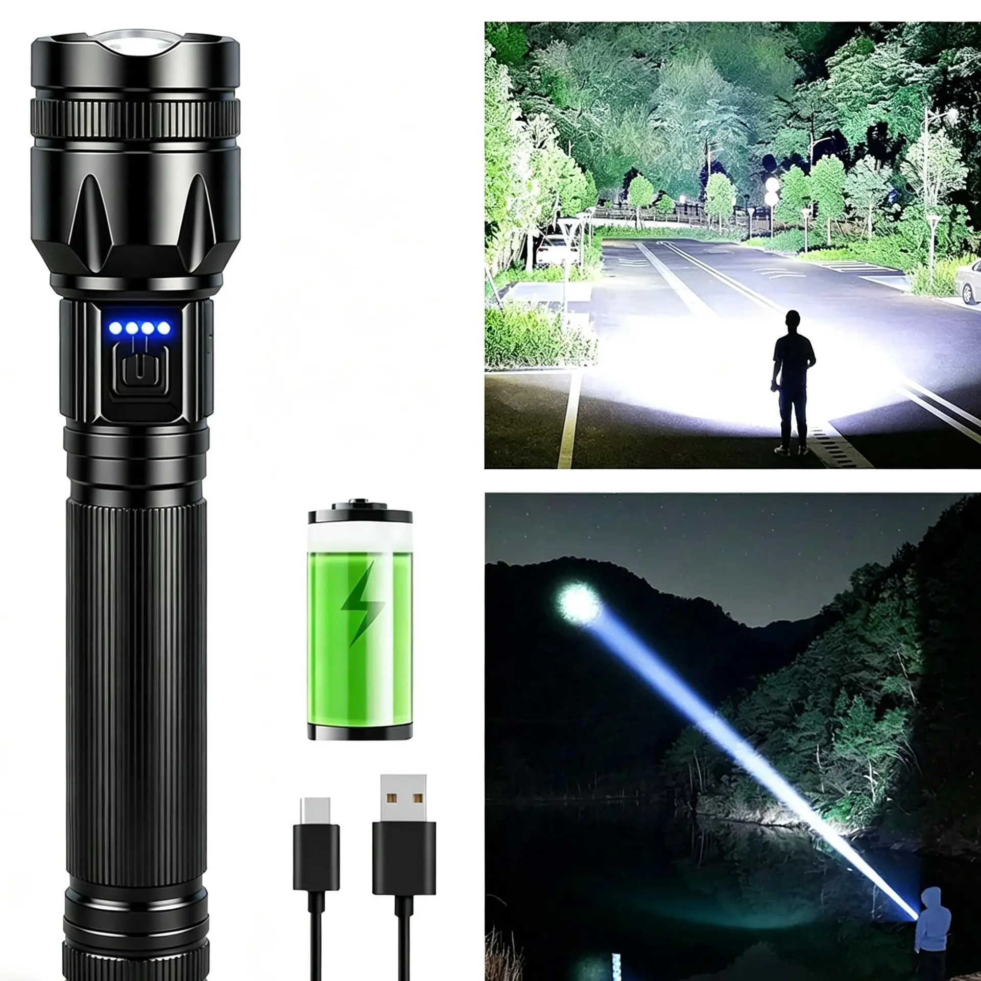 2000LM Super Bright Rechargeable LED Flashlight - 3h Fast Recharge, 5 Modes, Ultra Bright Portable Camping Flashlight, Waterproof Flash Light for Camping, Night Outdoor Emergency Lighting summerwins adjustable tactical strong