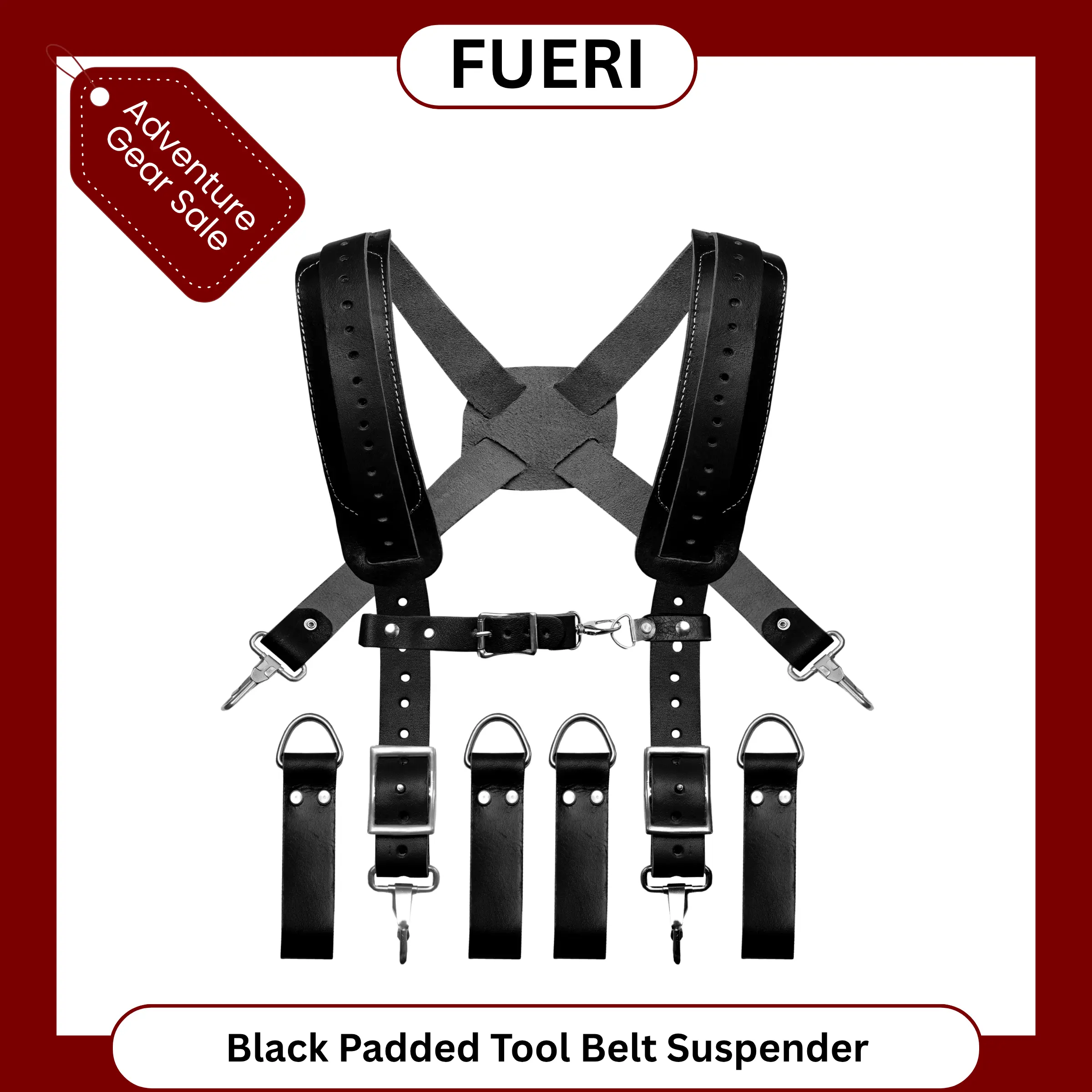 FUERI Adjustable Leather Tool Belt Suspenders - Detachable Foam-Padded on Shoulders, Reinforced for Carpenters & Electricians.