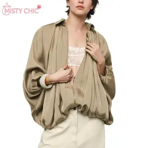 MISTY CHIC Women's Puffed Bomber Jacket with Batwing Sleeve Lapel Collar Zip Oversized Pleated for Casual Streetwear,Women's Satin Pleated Collared Blouse, Front Gathered Ruched Detail, Elastic Cuff Lantern Balloon Sleeve And Ruched Hem,