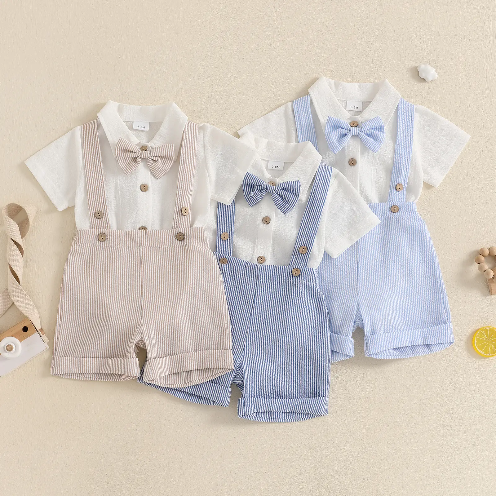 Baby Boy Gentleman Outfit Solid Color Short Sleeve Lapel Neck Romper with Stripe Suspender Shorts and Bowtie