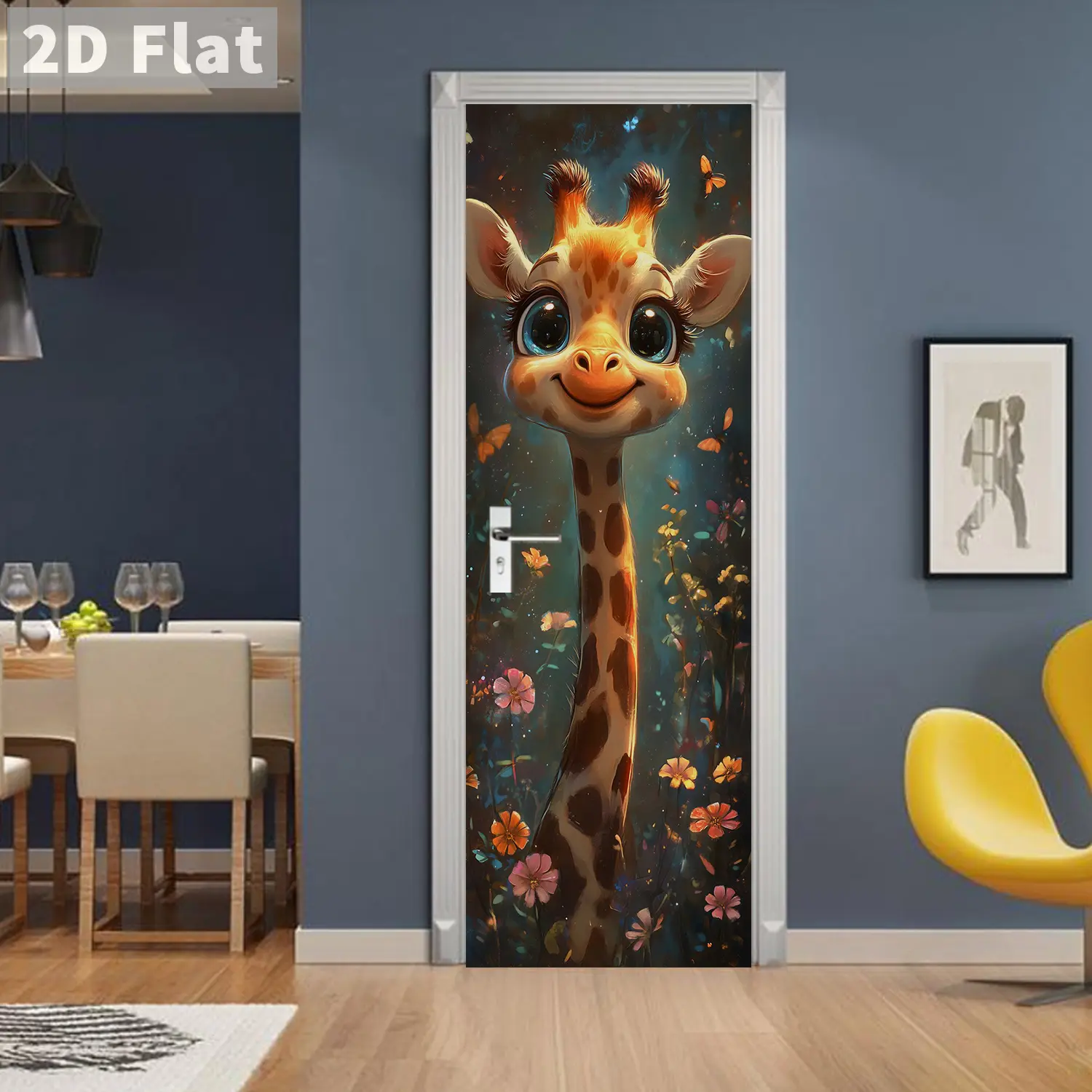 Cute Giraffe Door Sticker, Self-Adhesive Removable Art Wallpaper, PVC Wall Decal for Home Office Decoration, 38.5cmx200cm X2pcs