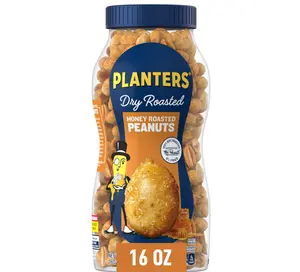 PLANTERS Honey Roasted Peanuts, Dry Roasted Peanuts, Party Snack, Plant-Based Protein, After School Snack, Sweet and Salty, Salted Nuts, Sea Salt & Honey, Snacks for Adults, Kosher, 16oz Jar