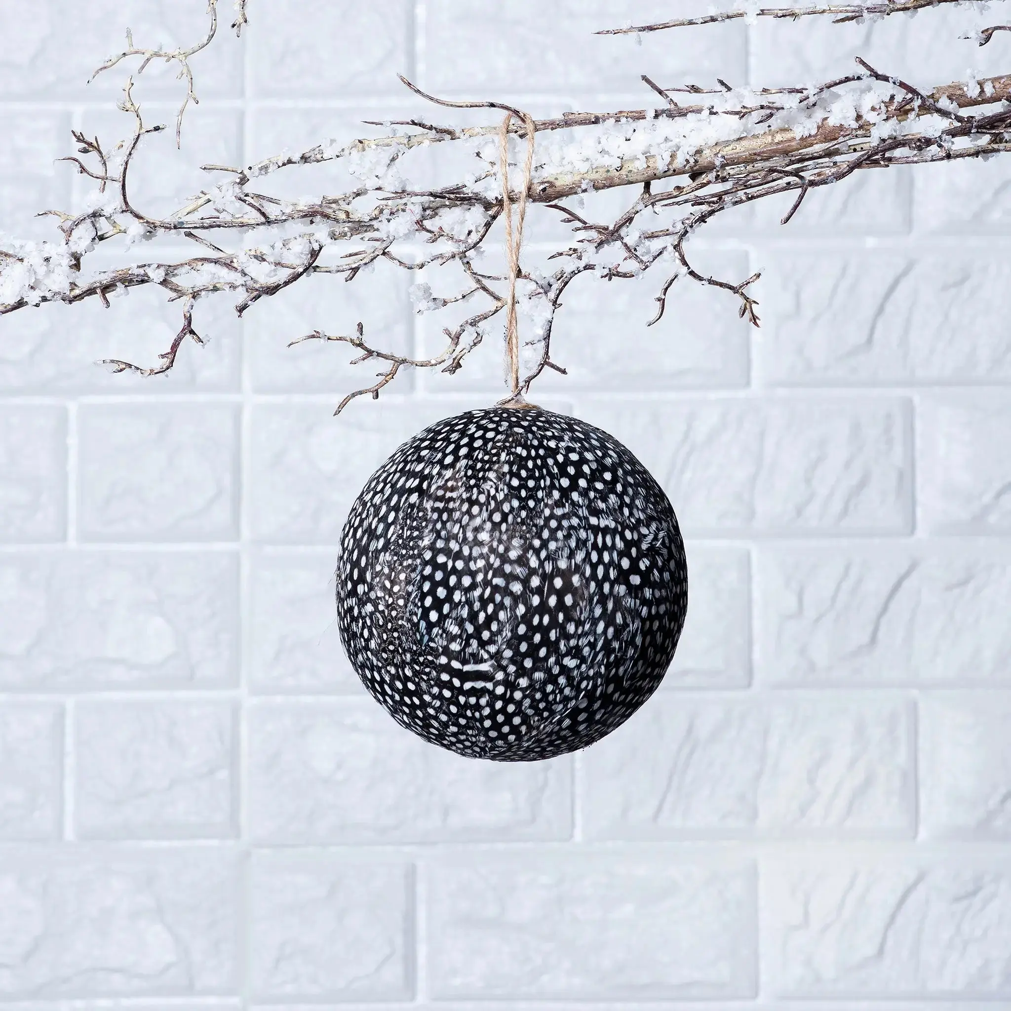 Black Speckled Feather Ball Christmas Decoration Ornament with Jute Rope