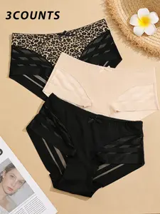 Women's 3pcs Breathable Contrast Mesh Jersey Knicker, Casual Comfy Seamless High Waist Panty, Women's Underwear For All Seasons