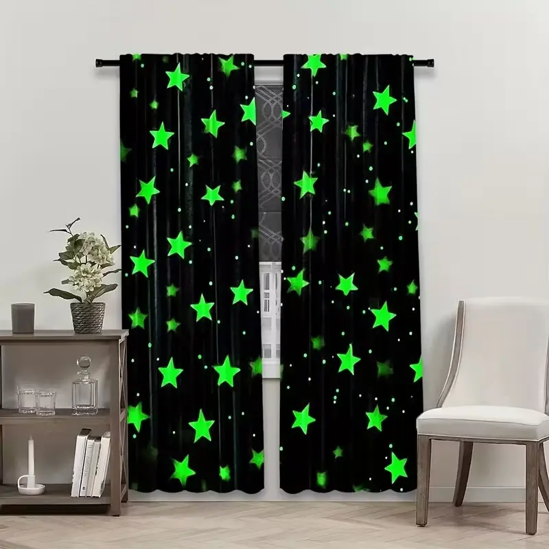 2 Piece Starry Night Polyester Curtains, with Stars, Rod Pocket Design, Suitable for Living Room Bedroom, Window Curtain
