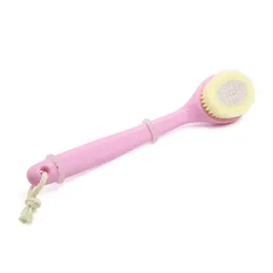 Unique Bargains Yellow Soft Bristle Pink Curved Plastic Handle Scrub Brush Exfoliating Tool