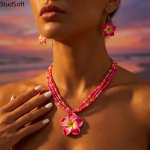 2026 New Collection: Bohemian Resort-Style Layered Plumeria Beaded Necklace & Bold, Eye-Catching Dangle Earrings