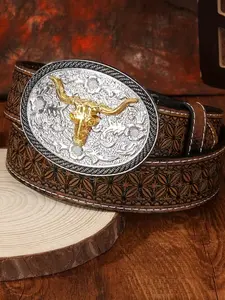 Western Cowboy Vintage Plaid Belt with K Color Horn Buckle, Unisex Floral Embroidered Waistband, Stylish Fashion Accessory